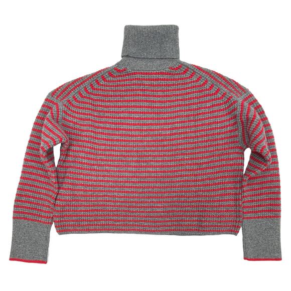 Madewell Wool Waffle Knit Turtleneck Sz S New $118 Grey Red Stripe Crop Sweater - Picture 5 of 8